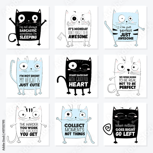 Vector cartoon sketch funny cat illustration with cute lettering phrase