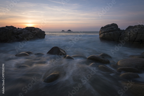 Porth Nanven beach at sunset in West Cornwall.