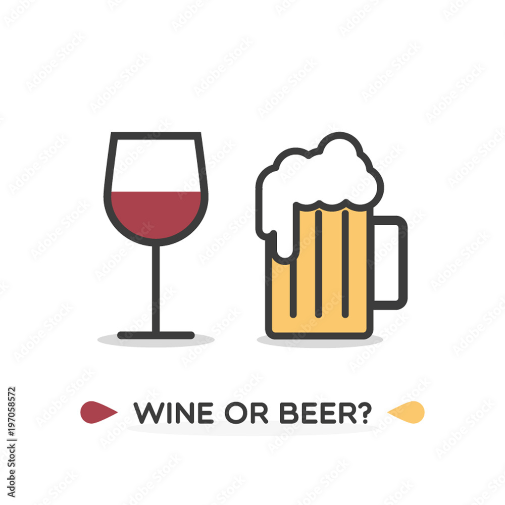 Glass of red wine and beer mug. Text: Wine or beer? Vector illustration, flat design