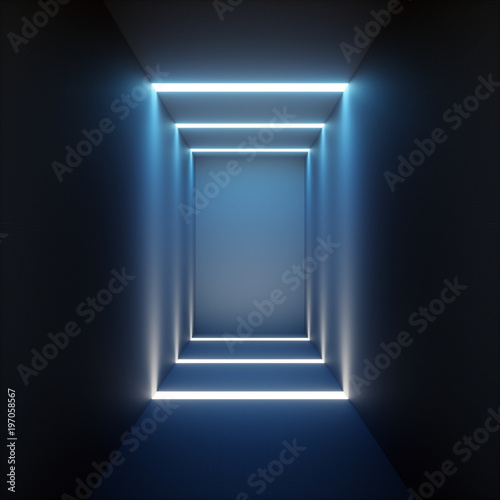 Fototapeta Naklejka Na Ścianę i Meble -  3d render of abstract illuminated empty corridor interior made of gray concrete, glowing blue lines, daylight tunnel with no exit, fluorescent background, minimalistic space