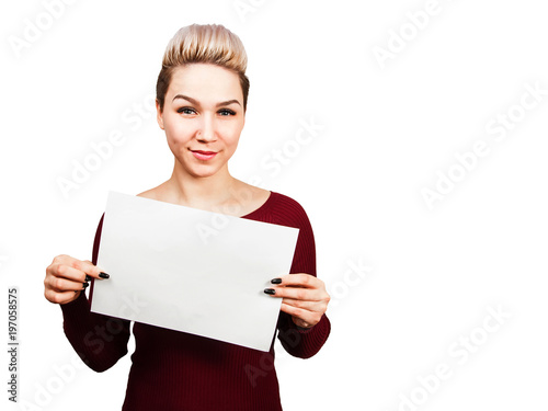 Portrait of beautiful girl holding blank A4 with copy space. Isolated on white.