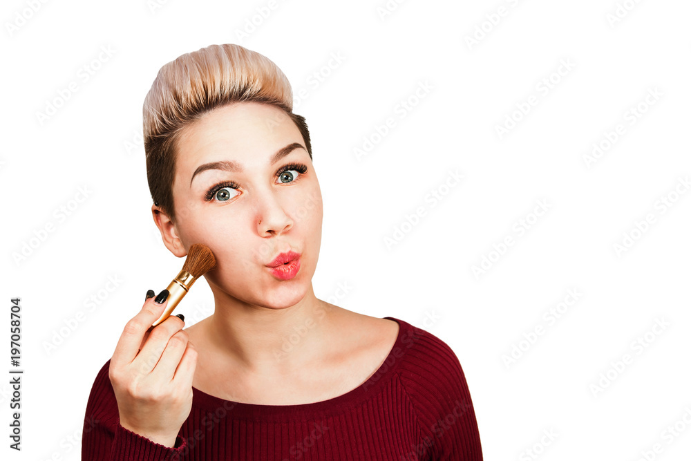 Beautiful girl holds brush for make-up. Isolated on white. Beautiful girl holds brush for make-up. Isolated on white.