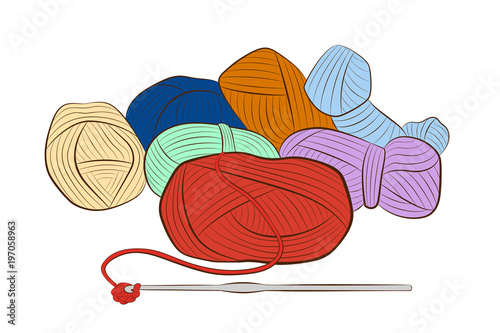 Colored skeins of yarn with crochet hook isolated on white background
