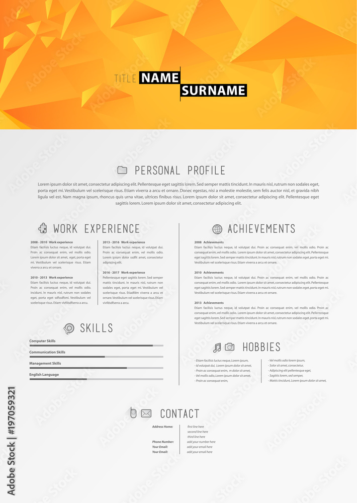 Creative simple cv template with orange triangles in header. Creative simple cv template with orange triangles in header.