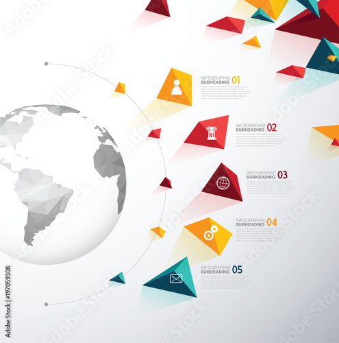 Infographic template with five colorful shapes and icons line up beside polygonal map.