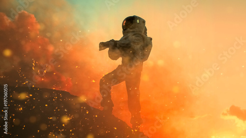 Silhouette of the Astronaut Takes Air Tests on the Rocky Mountain of the Alien Planet During Fire Storm. First Manned Mission on Venus. Space Exploration, Colonization.