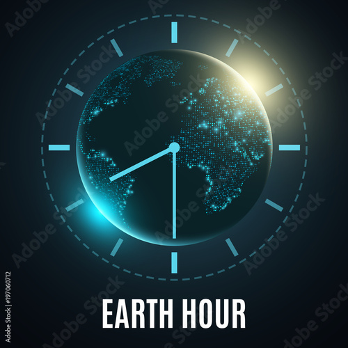 Earth Hour. Futuristic planet earth. 60 minutes without electricity. Sunrise. Global holiday. Abstract world map. Vector illustration