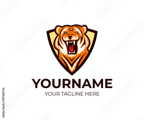 Fototapeta Naklejka Na Ścianę i Meble -  Tiger in shield logo template. Striped beast and predator vector design. Animal illustration