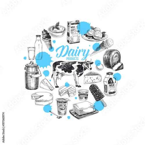 Beautiful vector hand drawn dairy products Illustration.