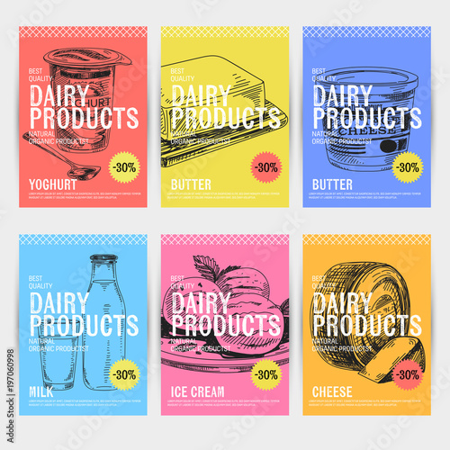 Beautiful vector hand drawn dairy products card set.