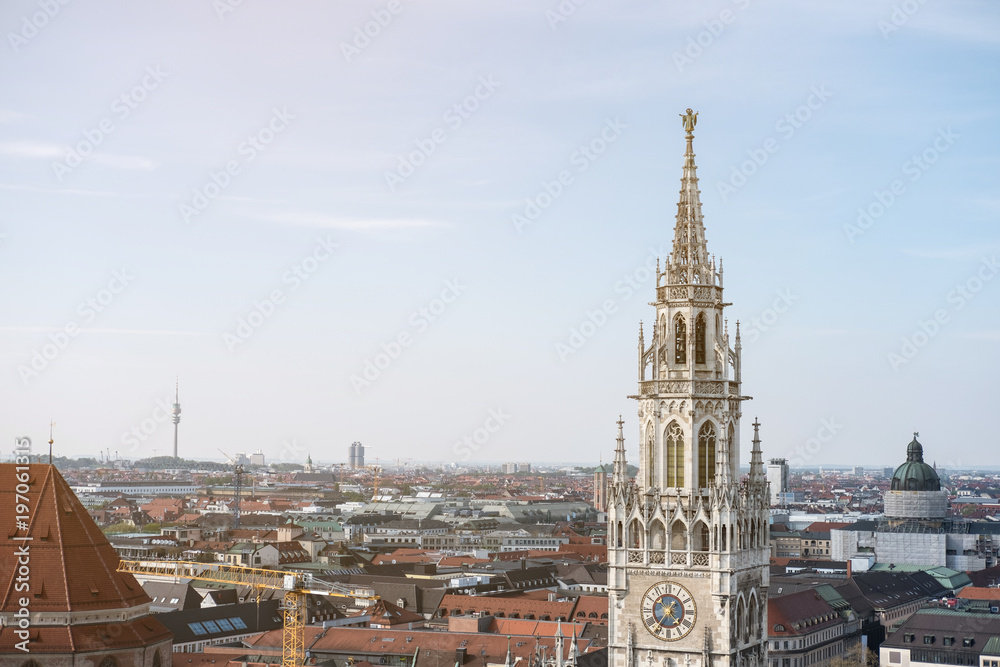 Fototapeta premium Aerial view of Munich, Germany with Rathaus-Glockenspiel on foreground