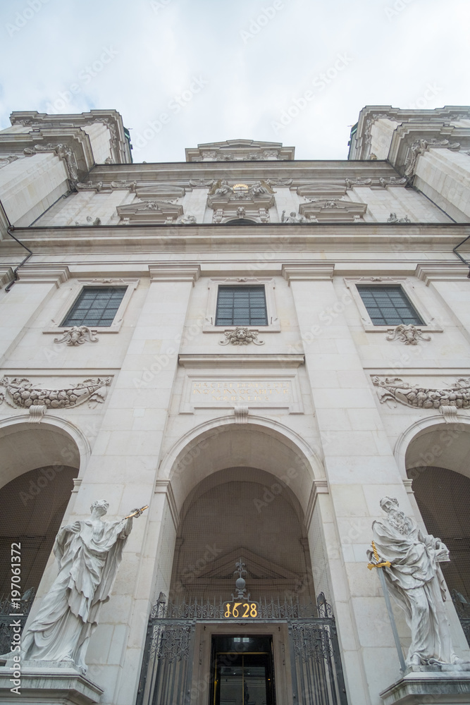 Close up of entrance of Salzburger Dom or Salzburg Cathedral, the Baroque cathedral of the Roman Catholic Archdiocese in the city of Salzburg, Austria