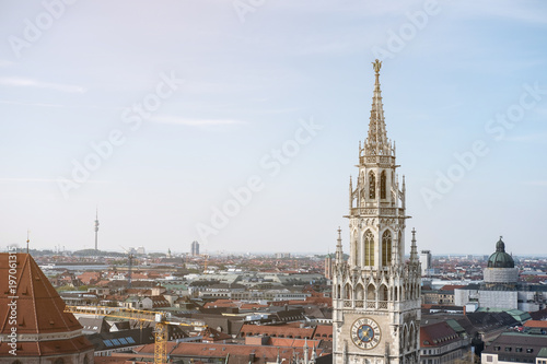 Aerial view of Munich, Germany with Rathaus-Glockenspiel on foreground © moomusician