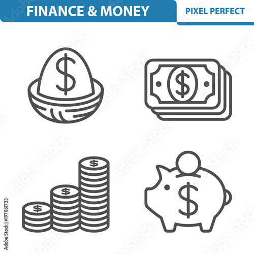Finance And Money Icons. Professional, pixel perfect icons depicting various finance, money and currency concepts. EPS 8 format.