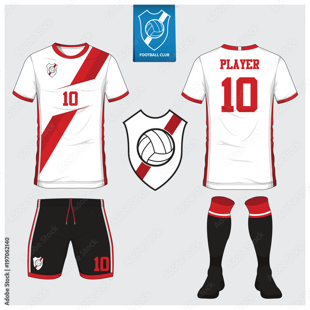Obraz premium Soccer jersey, football kit, t-shirt sport, short, sock template design for sport club. Football t-shirt mock up. Front and back view soccer uniform. Flat football logo design. Vector Illustration.