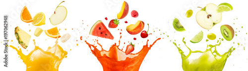 mixed fruit falling into juices splashing on white background