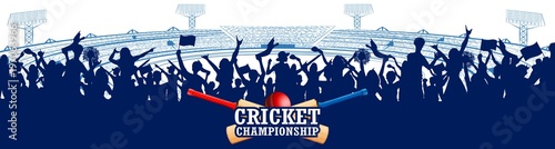 Stadium of Cricket with pitch for champoinship match and supporter fan people cheering team