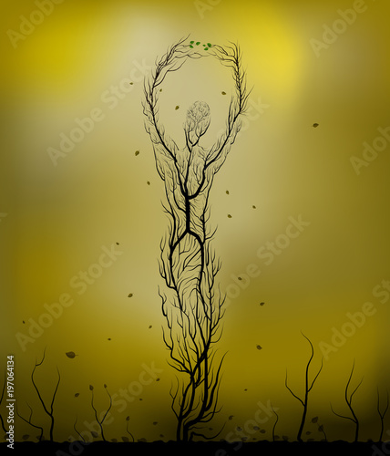 tree silhouette like a man in desert, tree looks like a woman stretching her hands with last green leaves, dying tree in desert, dry land idea, tree alive idea,