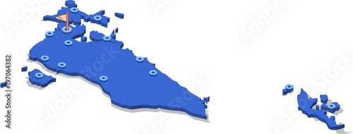 3d isometric view map of Bahrain with blue surface and cities. Isolated, white background