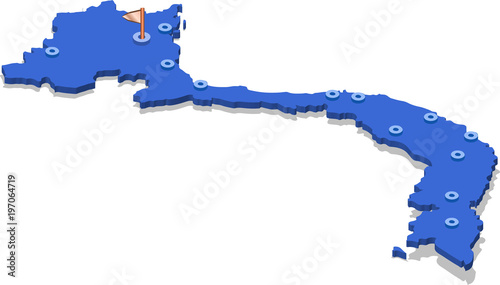 3d isometric view map of Vietnam with blue surface and cities. Isolated, white background