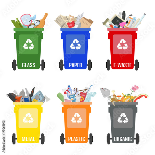 Set of colorful garbage cans with sorted garbage on white background.