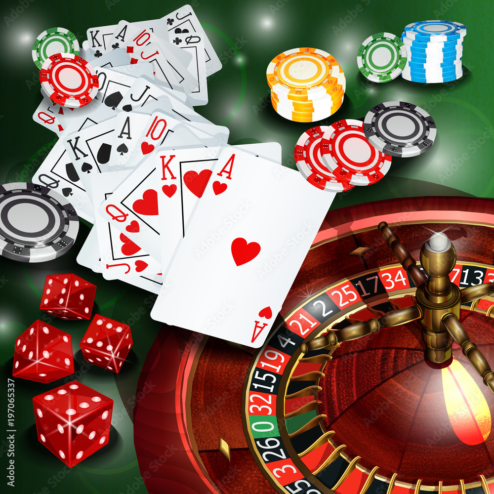 Casino background with roulette,cards, chips and dices. Stock Vector