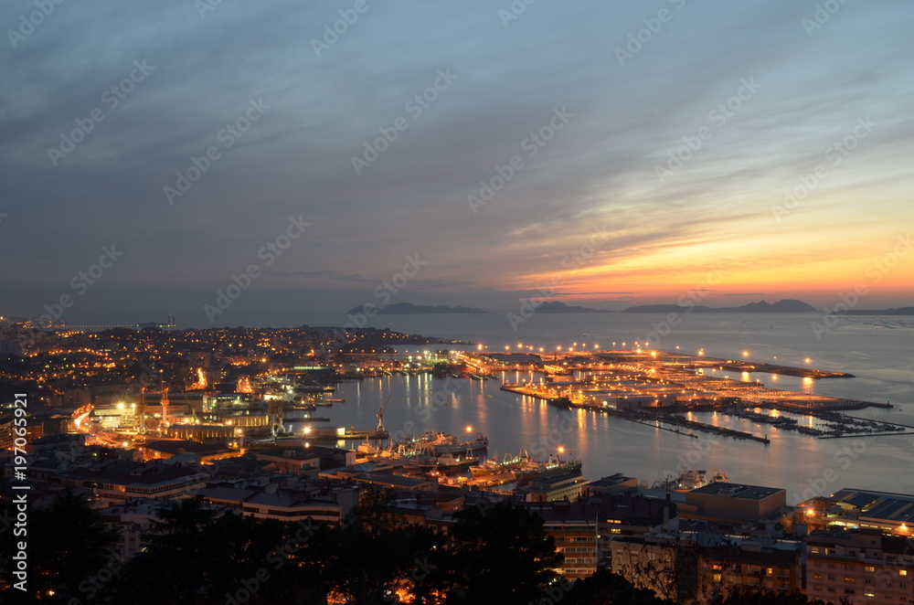 Vigo city at sunset seen from above