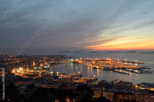 Vigo city at sunset seen from above