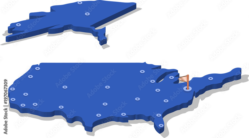 3d isometric view map of USA with blue surface and cities. Isolated ...