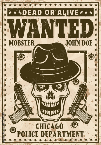 Mafia poster in vintage style with mobster skull