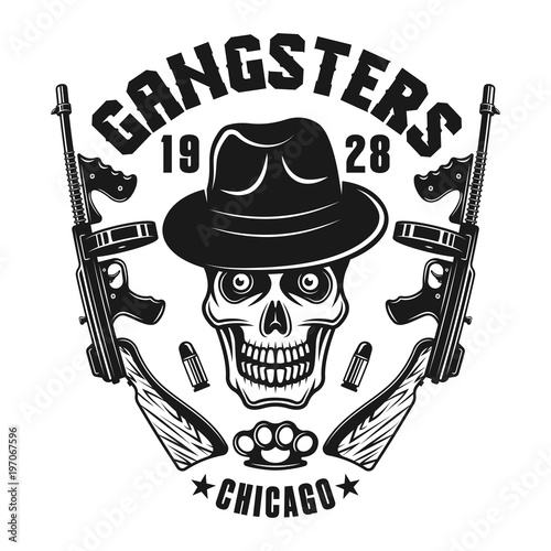 Mafia emblem gangster skull in hat with two guns