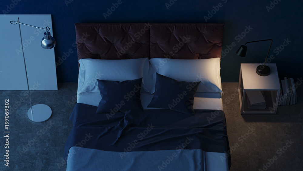 Interior design of the bedroom with blue walls. Evening lighting. 3D rendering.