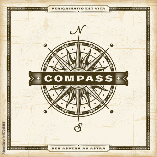 Vintage Compass Label. Editable EPS10 vector illustration in retro woodcut style with transparency.