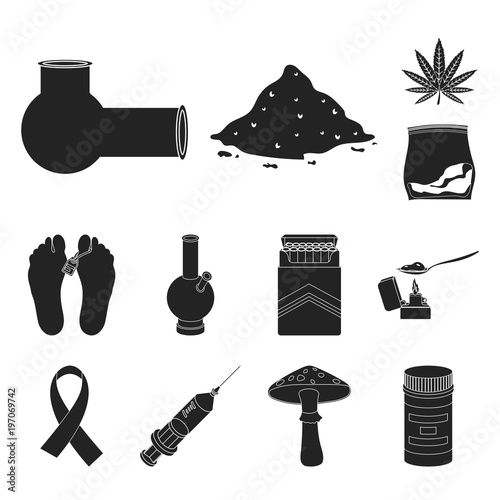 Drug addiction and attributes black icons in set collection for design. Addict and Drug vector symbol stock web illustration.