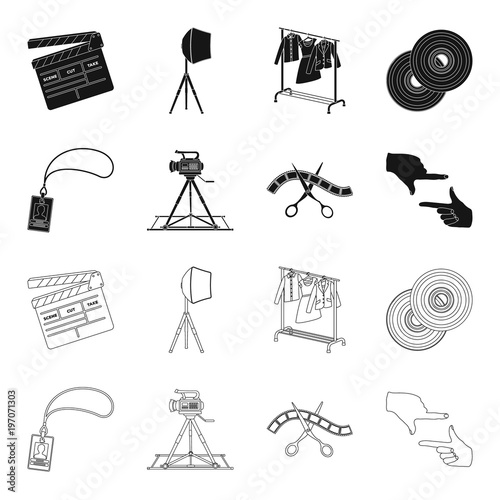 Badge, operator gesture and other accessories for the movie. Making movie set collection icons in black,outline style vector symbol stock illustration web.