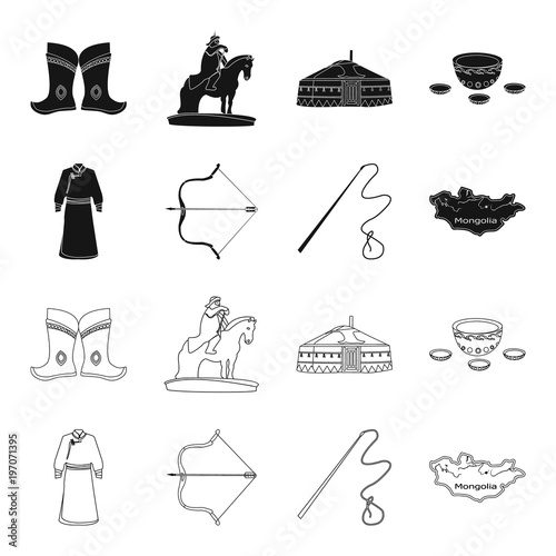 .mongol dressing gown, battle bow, theria on the map, Urga, Khlyst. Mongolia set collection icons in black,outline style vector symbol stock illustration web. photo