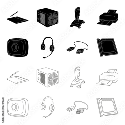 Webcam, headphones, USB cable, processor. Personal computer set collection icons in black,outline style vector symbol stock illustration web.