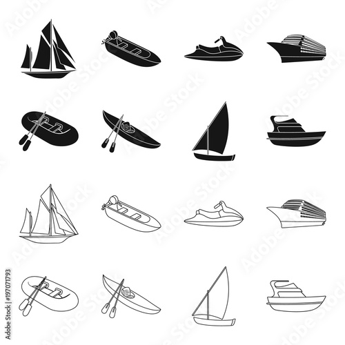 A rubber fishing boat, a kayak with oars, a fishing schooner, a motor yacht.Ships and water transport set collection icons in black,outline style vector symbol stock illustration web.