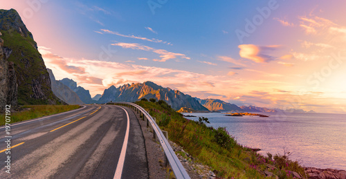 Empty road in Norway, Europe. Sunset travel photo