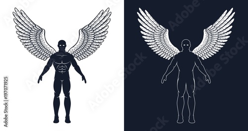 Muscular man with wings is like a superhero or a dark angel. Silhouette of an athletic man.
