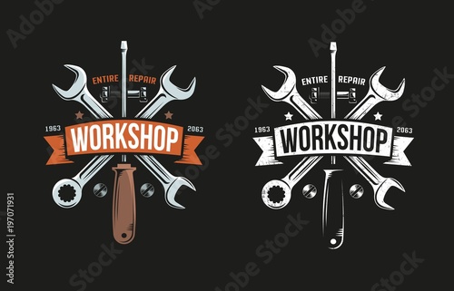 Fototapeta Workshop retro logo with wrench, screwdriver and heraldic ribbon