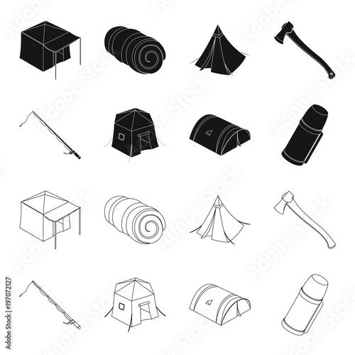Spinning for fishing, tent, thermos.Tent set collection icons in black,outline style vector symbol stock illustration web.