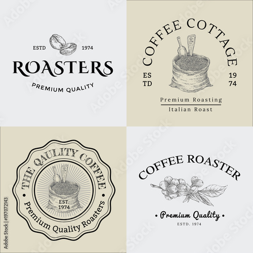 Set of Vector Vintage Coffee Logo and Illustration Drawing Engraving Icon 01