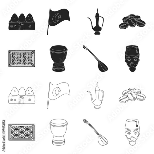 Turkish carpet, saz, drum, turkish men.Turkey set collection icons in black,outline style vector symbol stock illustration web.