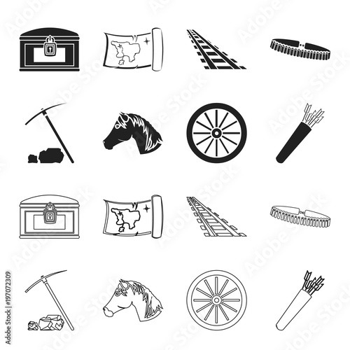 Pickax hoe, horse head, wheel cart, quiver with arrows.Wild west set collection icons in black,outline style vector symbol stock illustration web. photo