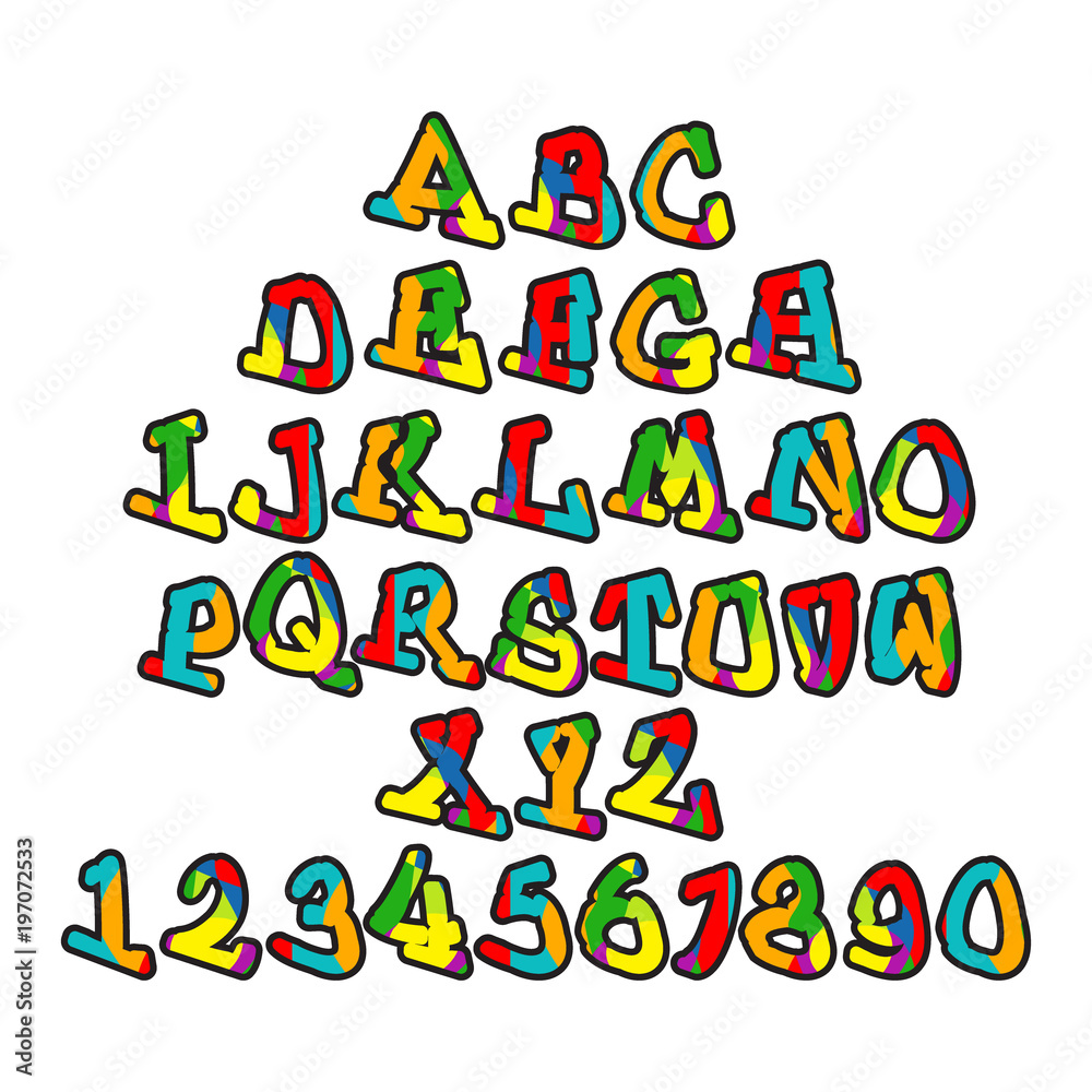 Alphabet in colorful style for children.Latin letters and numbers.