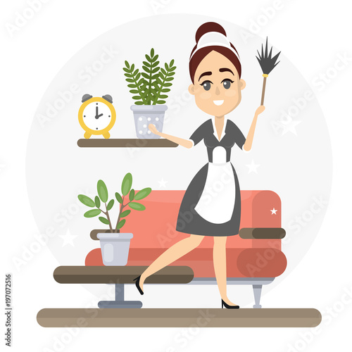 Maid cleaning house.