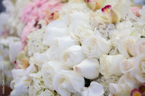 beautiful white and pink roses center table closeup. Valentines day concept.