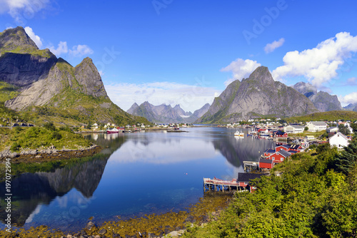  The fishing village of Reine, Norway. It is located on the island of Moskenesoya in the Lofoten archipelago, above the Arctic Circle