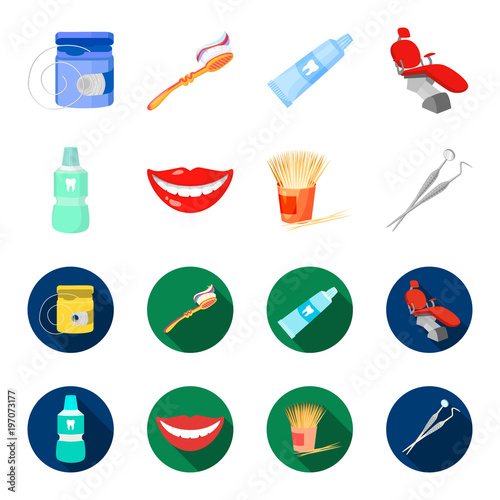 Dental sterile liquid in the jar, lips, teeth, toothpicks in the jar, medical instruments for the dentist. Dental care set collection icons in cartoon,flat style vector symbol stock illustration web.